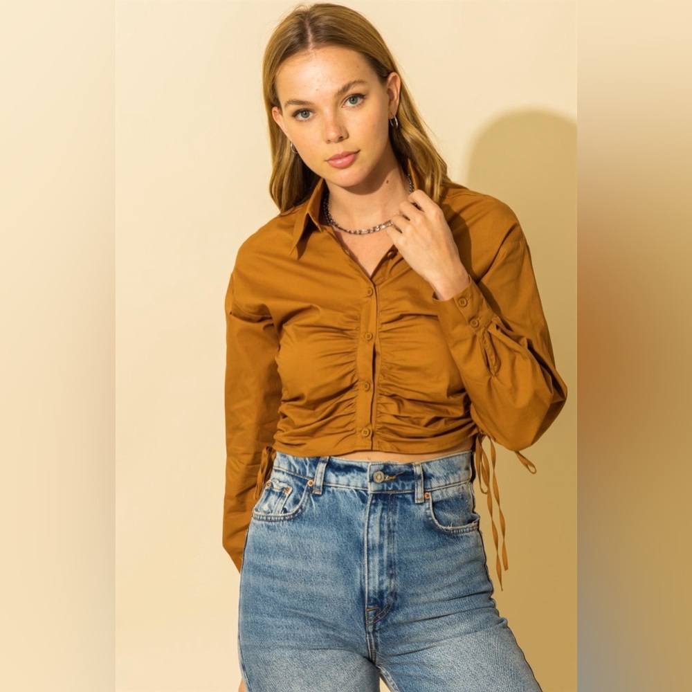 HYFVE: Drawstring Ruched Crop Button Down